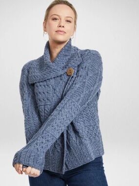 Shannon Woolen Mills Ireland Merino Wool Aran Knit Asymmetrical Cardigan Small